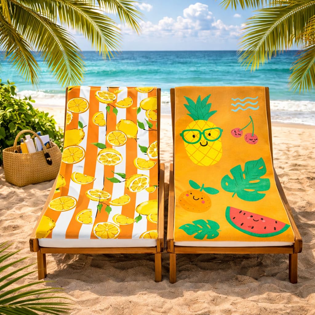 Adore Lemons And Fun Fruits 2 Pack Microfibre Beach Towels 70X140cm - Sand Free Lightweight Quick Dry - Soft Travel Towels For Beach And Pool,