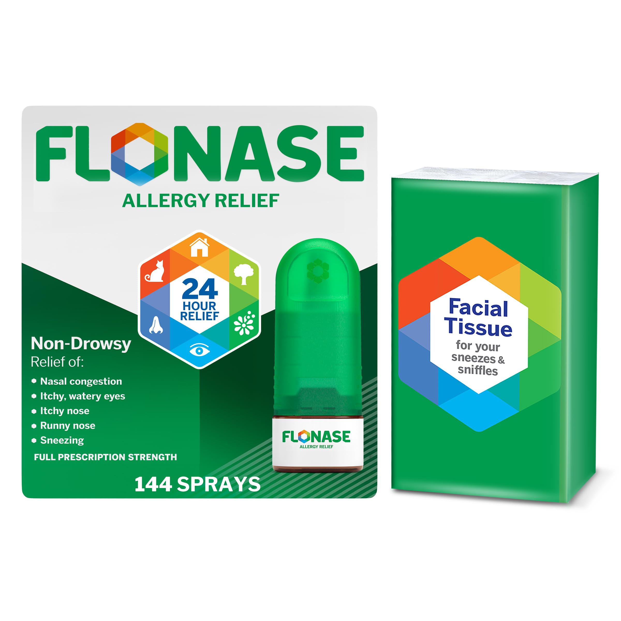 Flonase Allergy Relief Nasal Spray, 24-Hour Non-Drowsy Multi-Symptom Relief 144 Sprays, Bonus Pack of Tissues