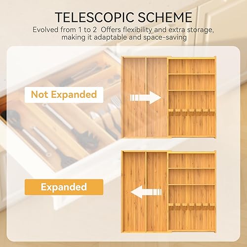 Miniatura 4 de Yofidra Organizador de cajones de cubiertos de bambú puro 16.9 x 18.9 soporte grande extensible para utensilios de cubiertos, 5 compartimentos con 6
