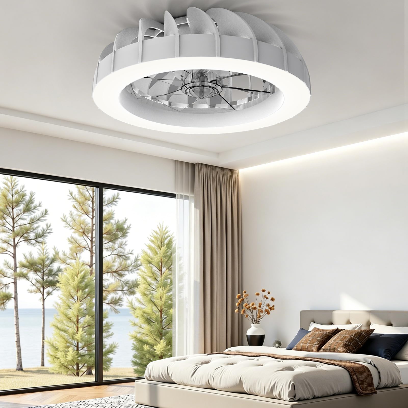 LED Deckenventilator mit Beleuchtung, 48cm Modern, 48W Dimmbar, Fernbedienung, Schwarz-Weiß Ring Design, 220V