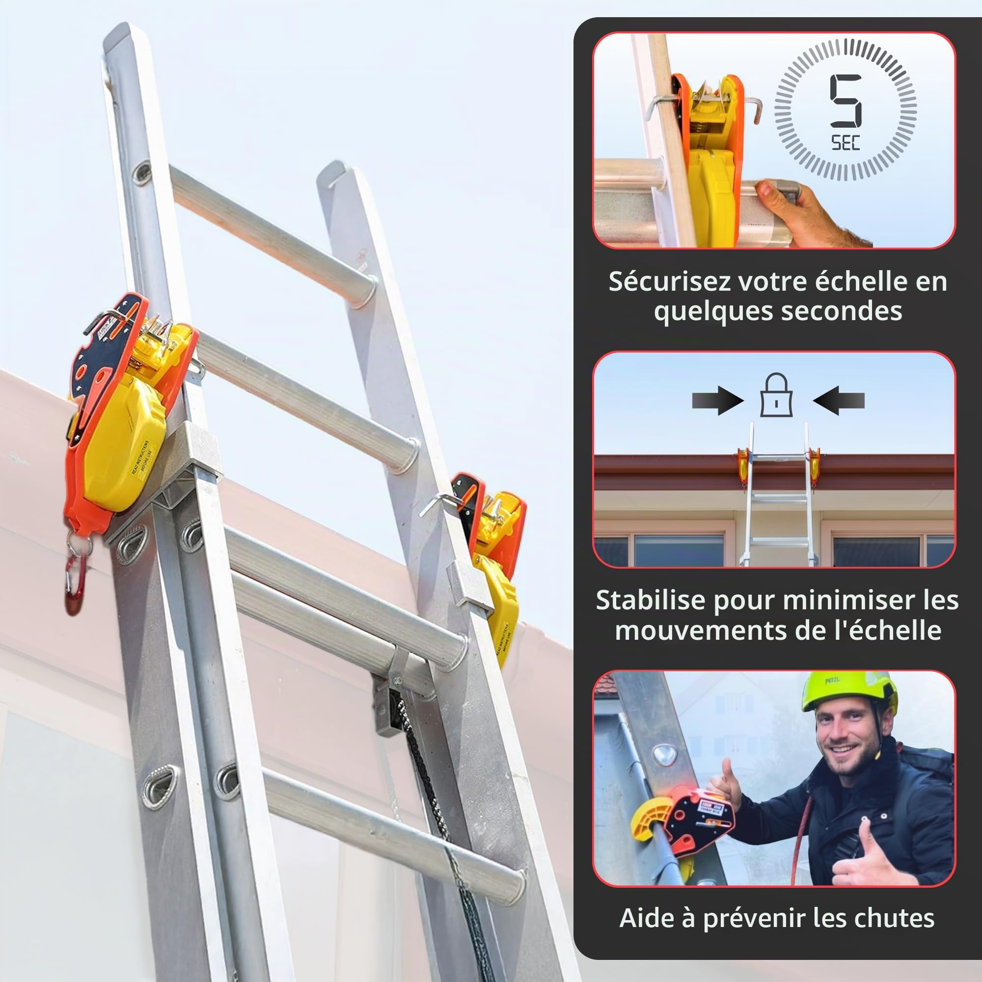 Lock Jaw Ladder Grip – Crochet stabilisateur pour échelle de toit et gouttières, installation rapide en 5 s avec Slide-Lock sécurisé, évite glissements et protège les gouttières. (Lot de 1)