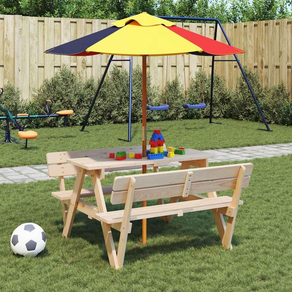 Tavolo da picnic in legno di abete massiccio per 4 bambini, con foro per ombrellone, stabile tavolo da giardino per balcone, terrazza, tavolo da esterno resistente alle intemperie, con