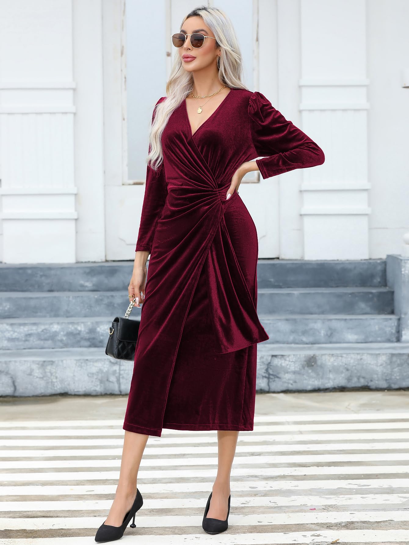 R.Vivimos Automne Hiver Femmes Sexy Col V Enveloppé Robe Manches Longues Velours Volants Robe Midi élégante Robe Cocktail