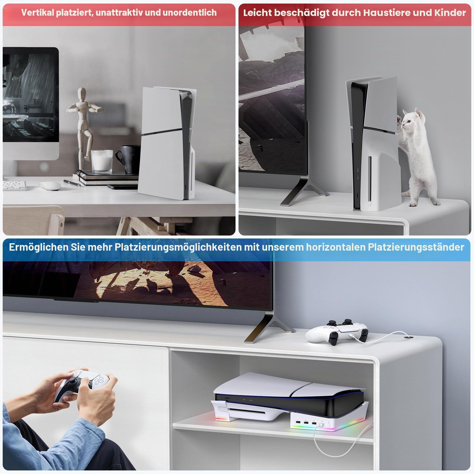 FYOUNG Horizontaler Standfuß für PS5 Pro/PS5 Slim Konsole, rutschfestes Basisständer Zubehör mit 4-Port USB zum Laden/Daten und 14 RGB Leuchten für PlayStation 5 Slim & für PlayStation 5 Pro