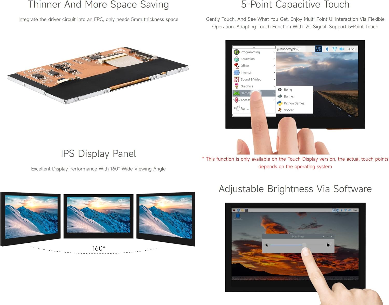 waveshare 4.3inch DSI Display, 800 × 480 Resolution, IPS Panel, Compatible with Raspberry Pi 4B/3B+/3A+/3B/2B/B+/A+/CM3/3+/4-IPS Wide-Bezel Touch Display