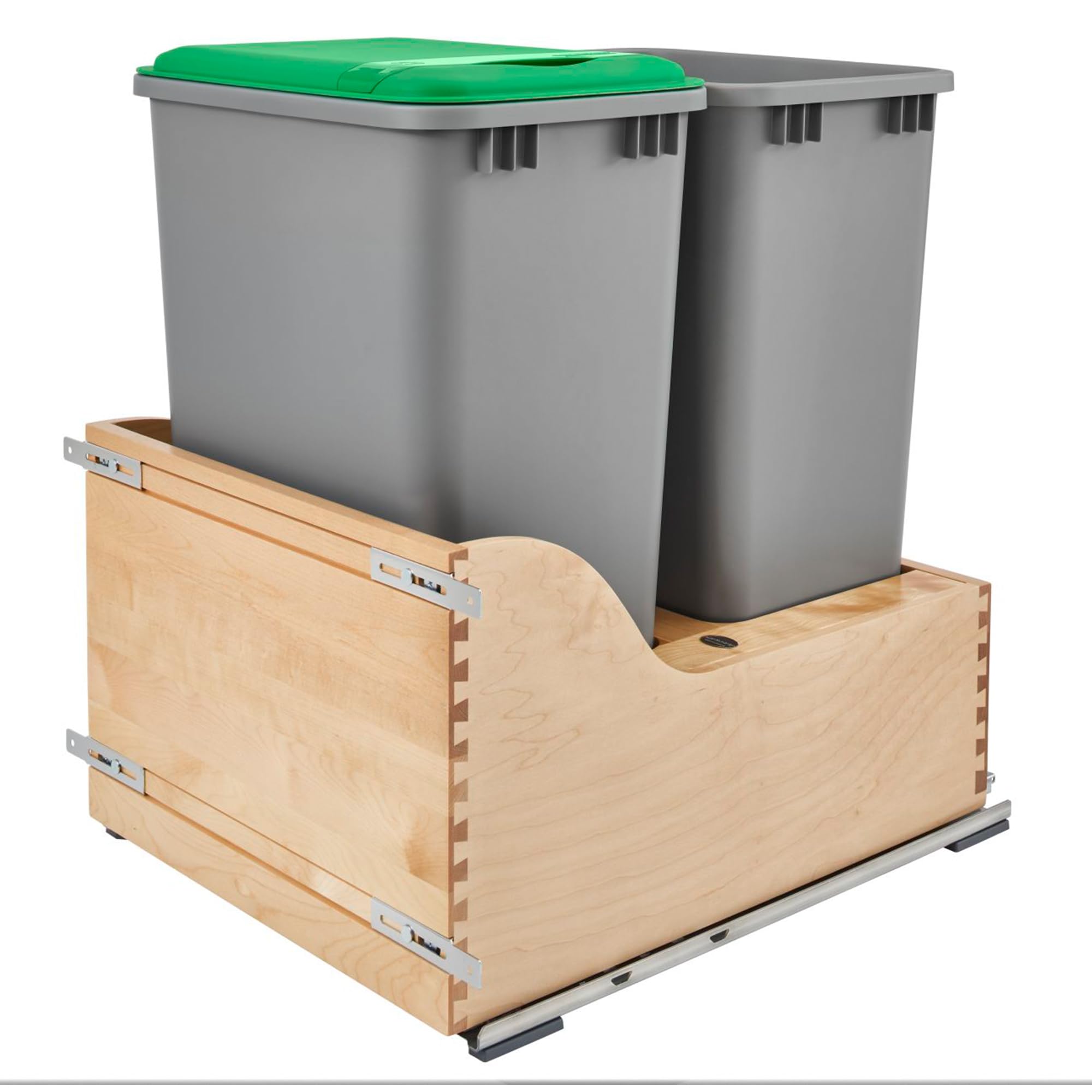 Rev-A-Shelf 50 Qt Bottom Mount Double Pullout Under Cabinet Kitchen Trash Cans w/Soft-Close & 1 Lid for Base Cabinets, Min Opening Width of 18", Silver, 4WCSC-2150DM-2