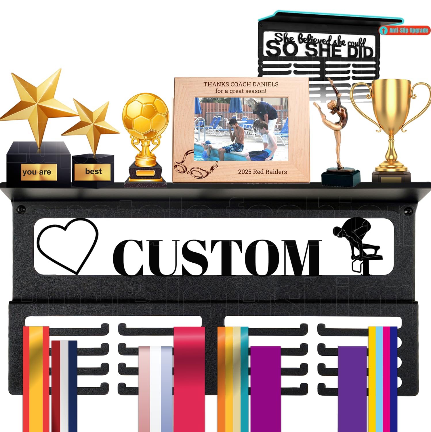 Personalized Medal Hanger Display with Trophy Shelf