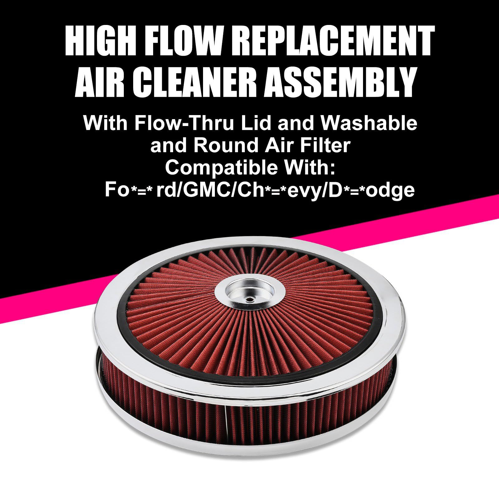 XhuangTech Filtro de admisión de aire redondo de 14 x 3 pulgadas, kit de montaje de filtro de aire de aluminio de alto flujo, rendimiento reutilizable, filtro lavable para motor de automóvil con tapa