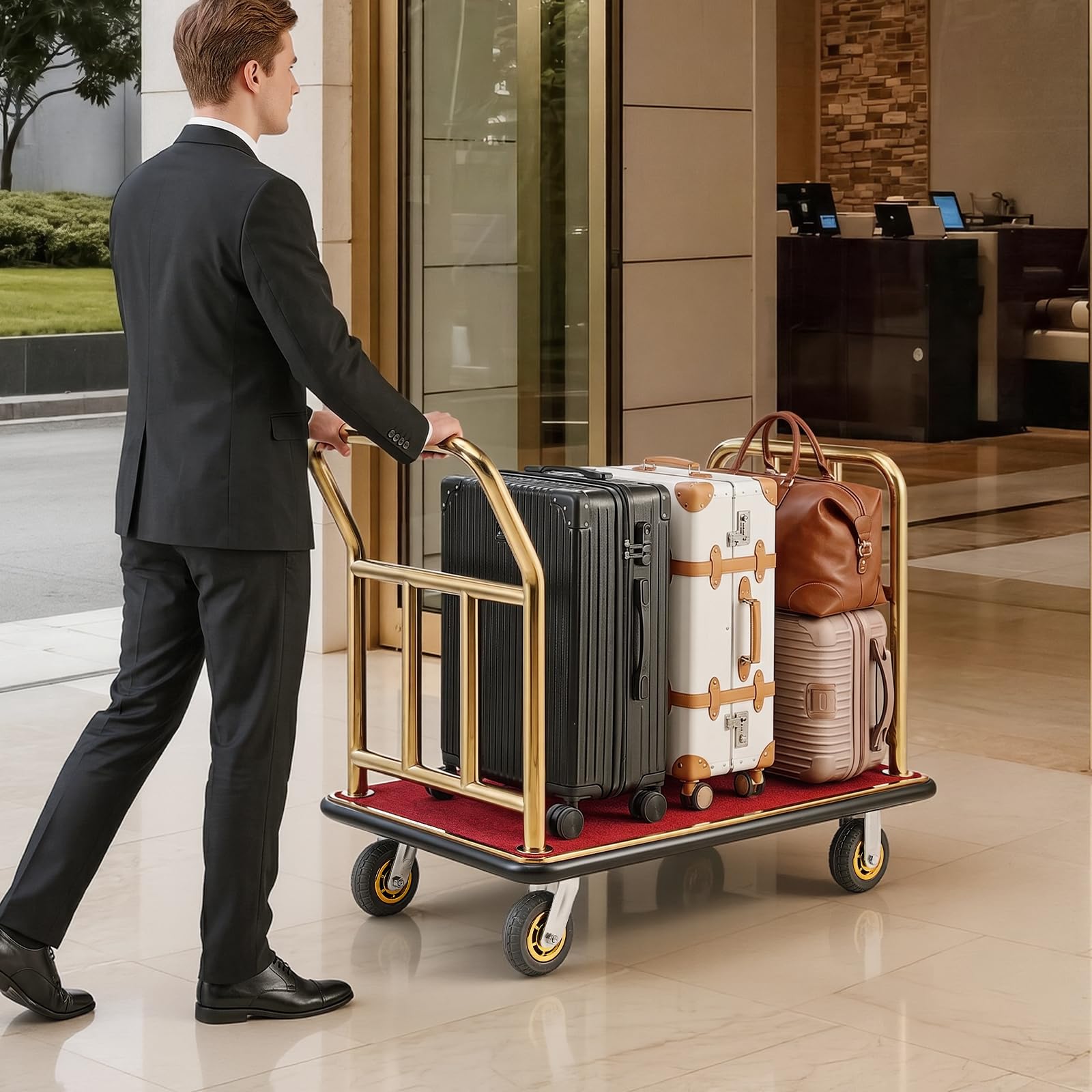 VEVOR Chariot à Bagages d'Hôtel, Charge Max. 340,19 kg, Chariot Porte-Bagages pour Hôtels et Complexes Hôteliers, avec Cadre en Acier Inoxydable, Roues en Caoutchouc 152 mm, Plateau Moquetté Rouge, Or