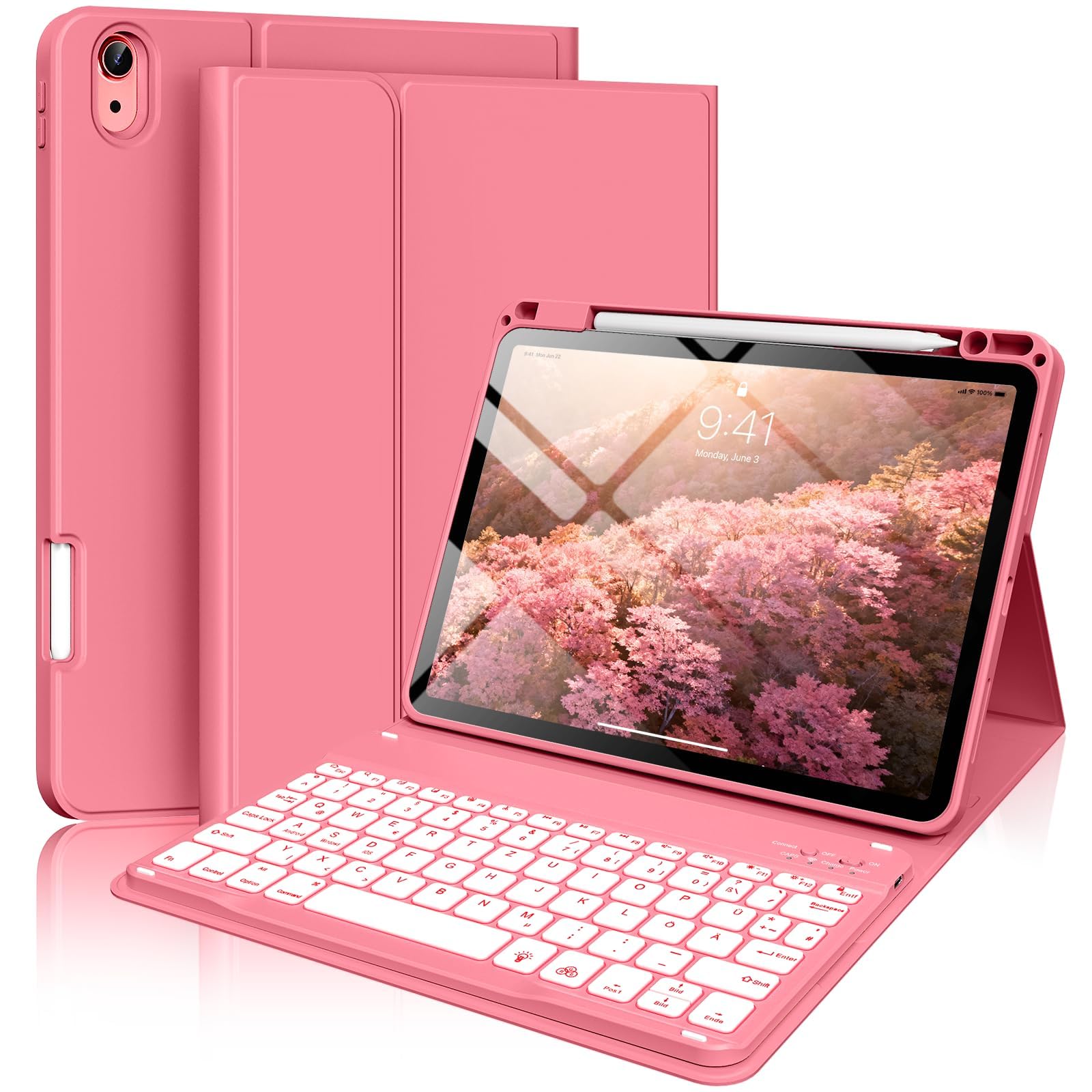SZPSGC Hülle mit Tastatur für iPad Air 11 Zoll (M4/M3/M2, 2026/2025/2024)iPad Air 5/4th 10,9 Zoll, 7 Farben Beleuchtete mit Abnehmbare Tastatur, TPU Rückschale mit Stifthalter, QWERTZ Layout, Rosa Red