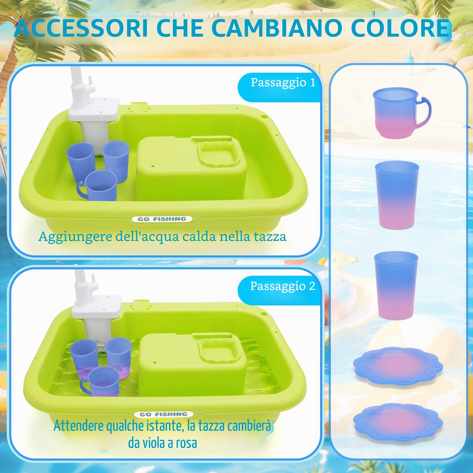 deAO Lavandino Giocattolo Bambini 4 in 1 con Rubinetto Funzionante, 3+ Anni | Tavolo Acqua/Sabbia, Cucina, Pesca, BPA-Free, per Interno/Esterno, Giardino, Spiaggia, Gioco Educativo, Regali per Bambini