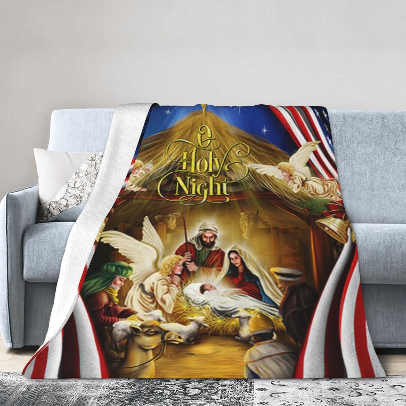 Lsjuee Christmas Flannel Fleece Blanket 40"X30" Jesus Family, O Holy Night Jesus Bed Throw Blanket Lightweight Ultra-Soft Travel Winter Blankets for Girls Keep Warm