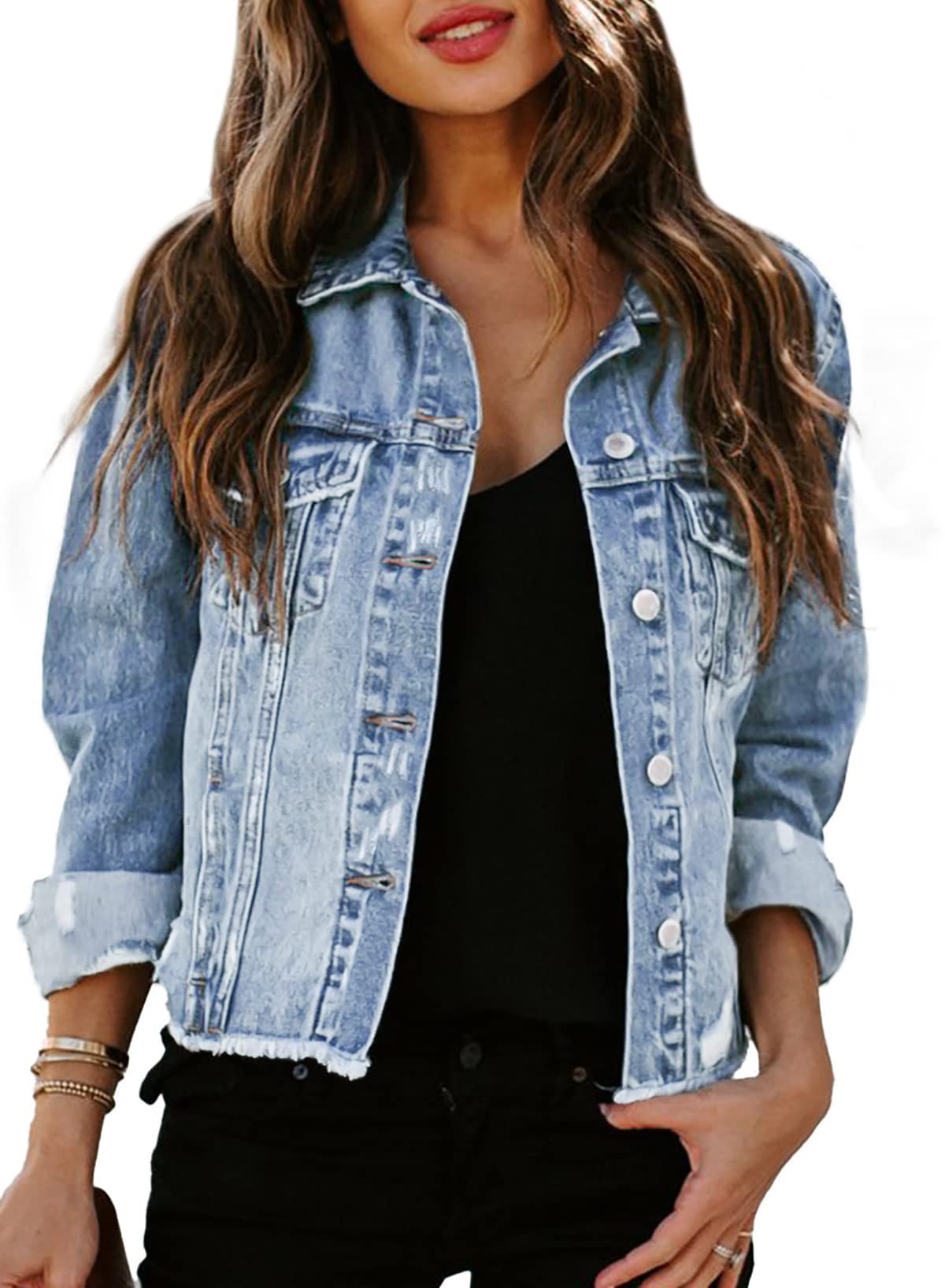 SidefeelWomen's Denim Jacket Long Sleeve Button Distressed Ripped Zimbaplatinum Jean Coat