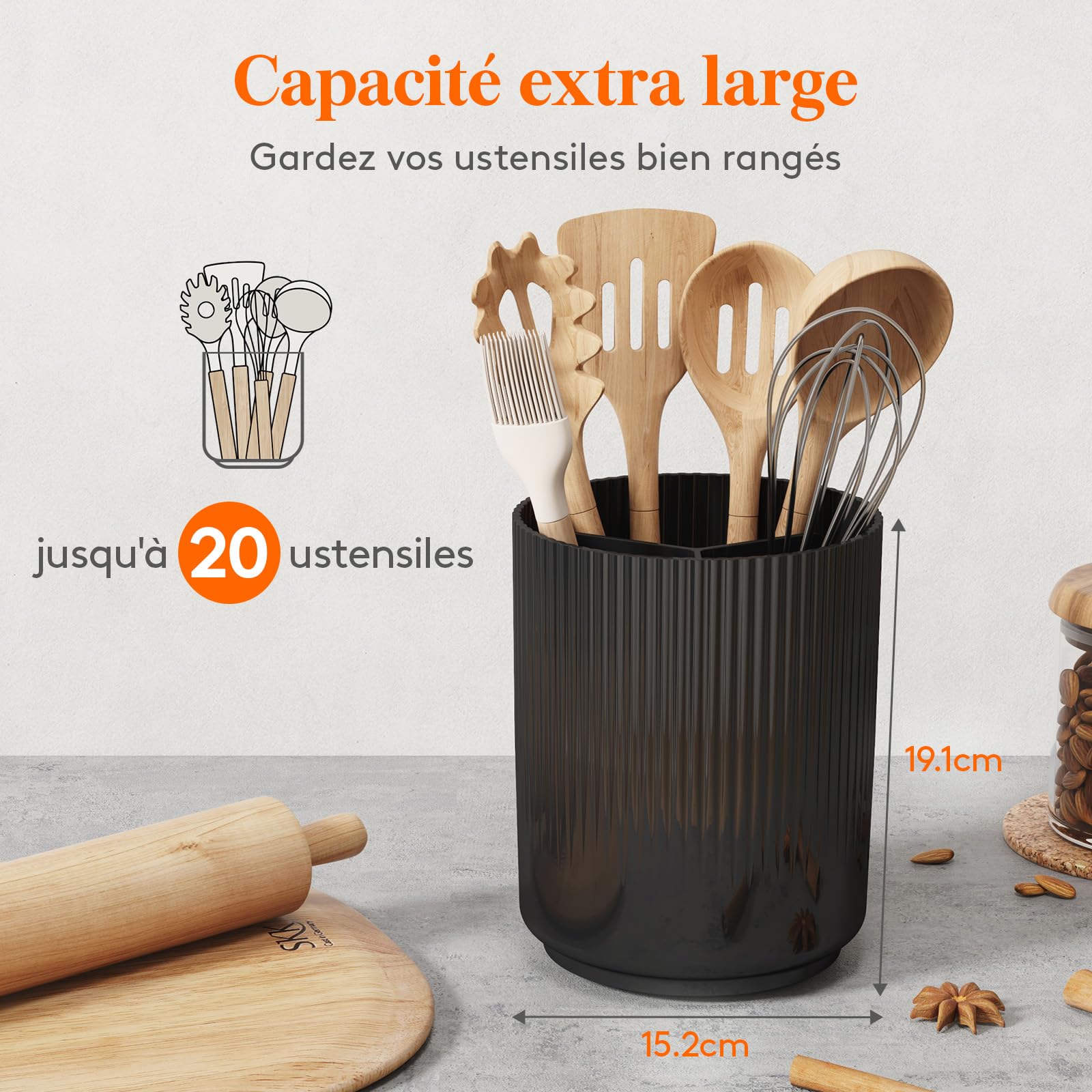 Lifewit Kitchen Counter Utensil Holder with 3 Compartments, 15 x 19 cm Cutlery Tray for Drawer, Spatula Organizer, with Non-Slip Rotating Base and Dry Drainer, Set of 2, Black