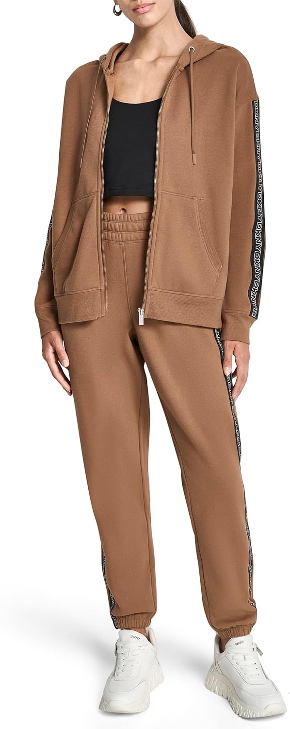 DKNY womens Long Sleeve Logo Tape Full Zip Hoodie Sweatshirt - Image 2