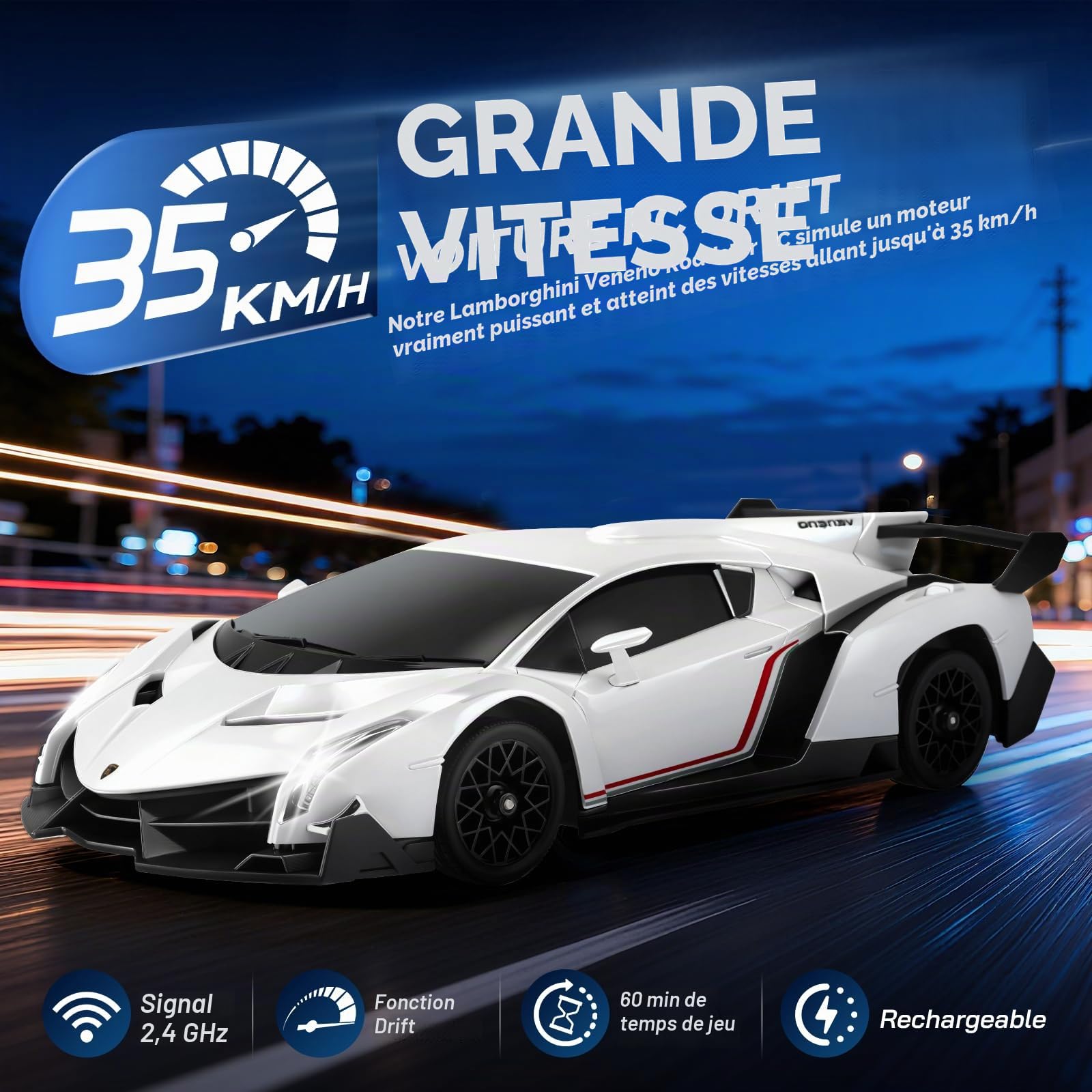 Voiture Télécommandée Drift, 2.4 GHz 1:18 Lamborghini RC Drift Car avec LED, 35 KM/H 4WD Voiture Télécommandée Tout Terrain pour Garcons et Filles 5 6 7 8 9 10 Ans (Blanche)
