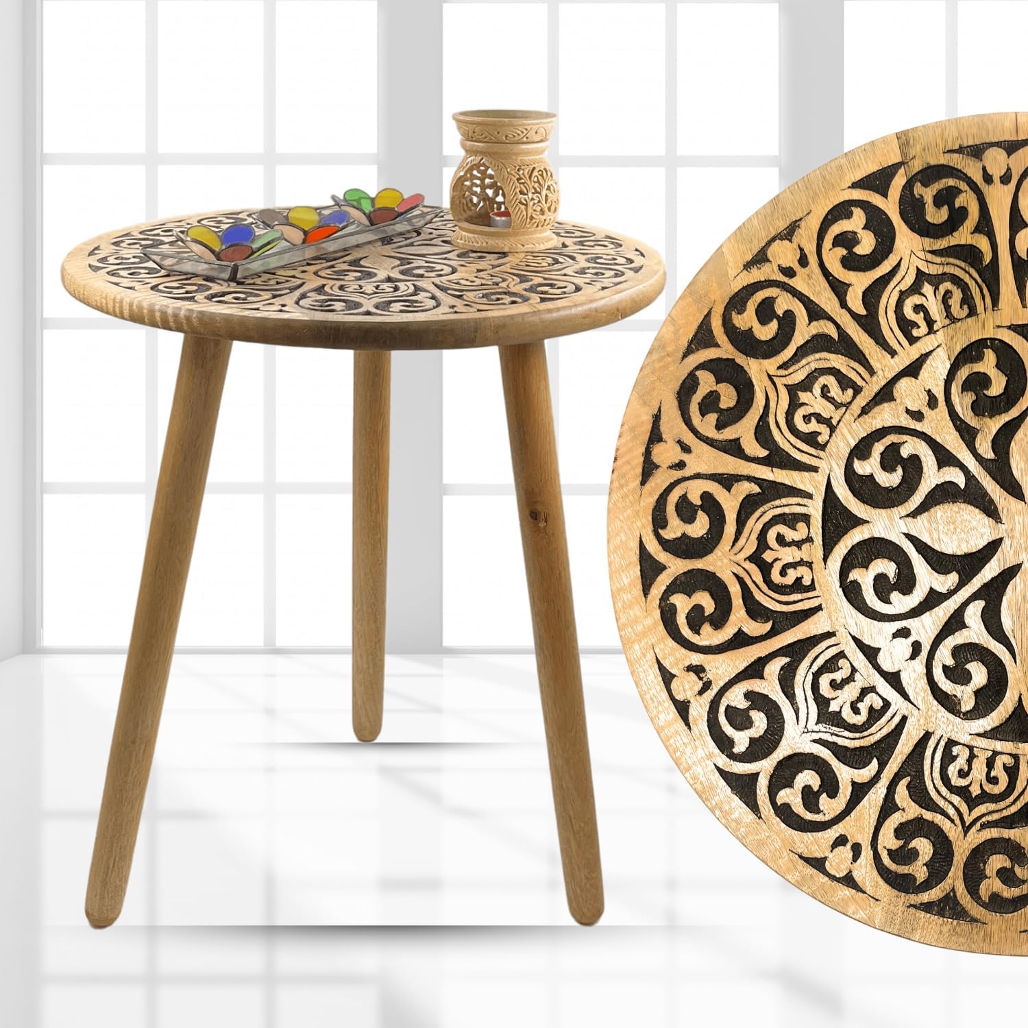 Wooden Side Accent Table Rustic Finish - Round Bamboo Coffee Table for Bedside, Bedroom, Living Room, Decorative End Table (Casual, Rustic Black)