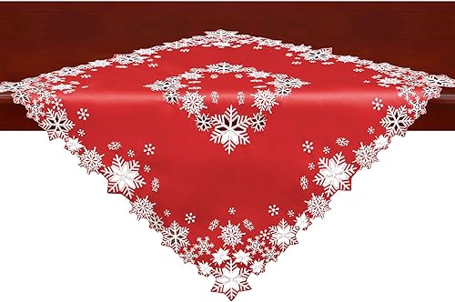 Miniatura 7 de Simhomsen Manteles bordados de copos de nieve para Navidad e invierno (cuadrado de 52 pulgadas, azul marino)