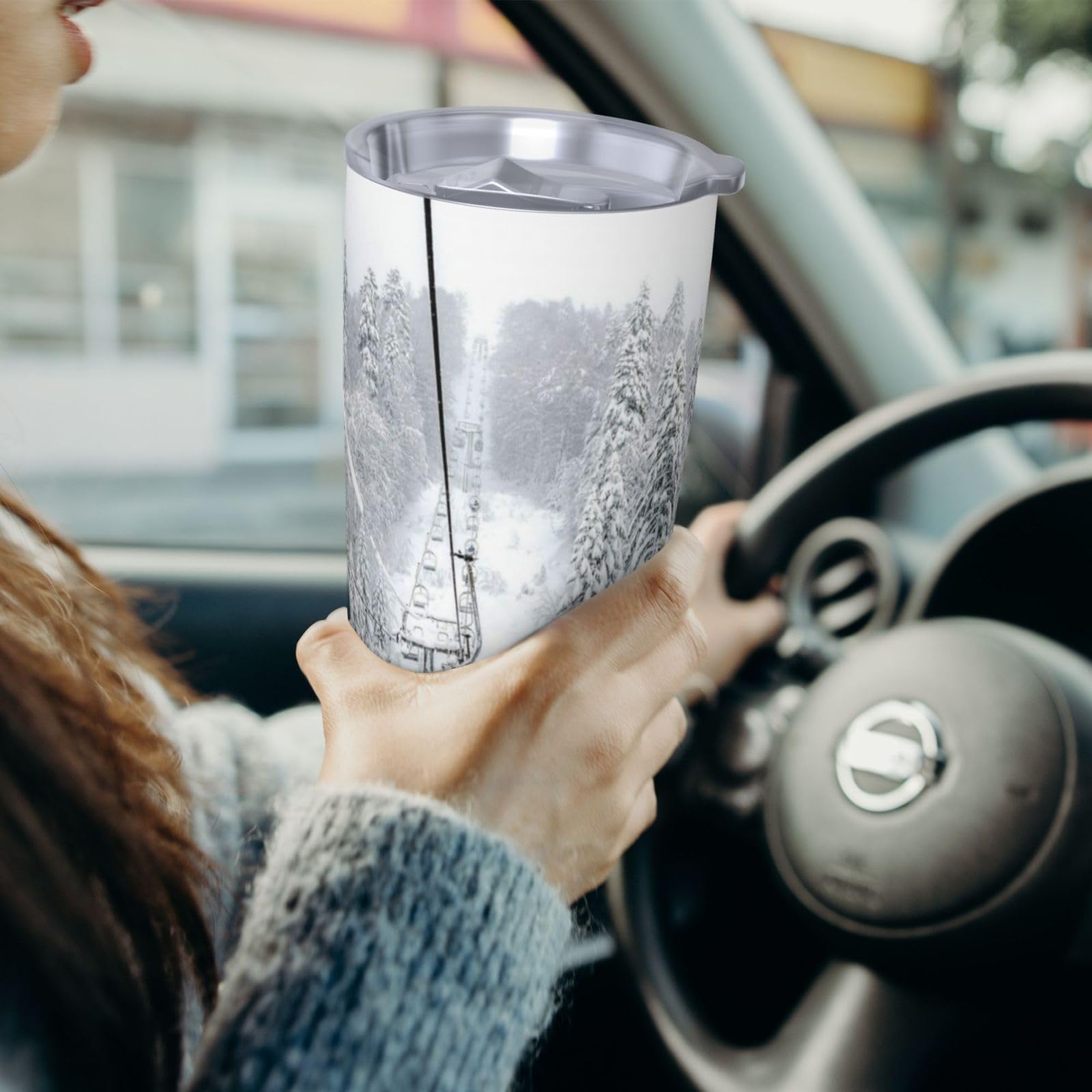 Zimowy stary wyciąg narciarski z nadrukiem 590 ml kubek samochodowy przenośny samochodowy kubek ze słomką kubek ze stali nierdzewnej