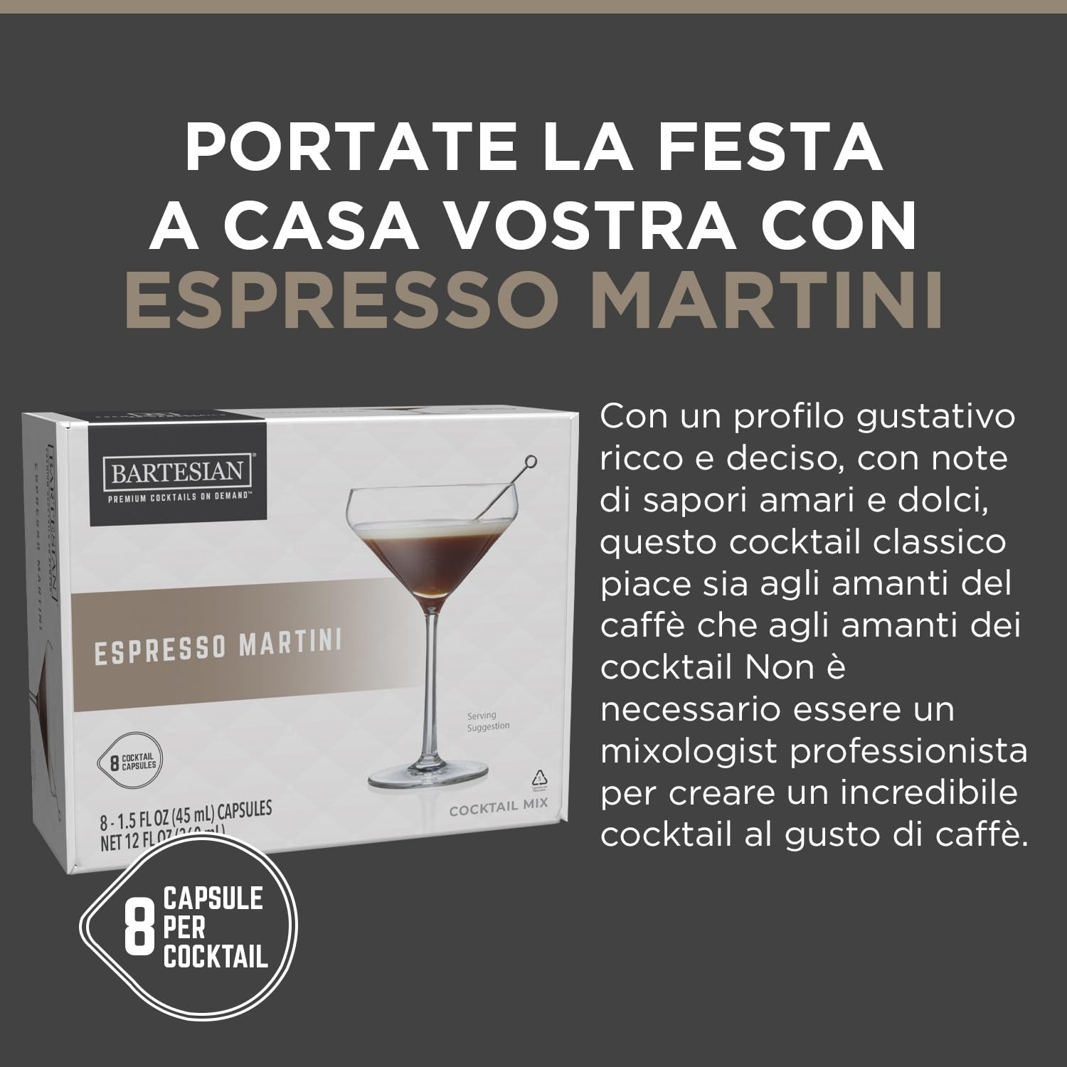 Bartesian Mix per Espresso Martini - Capsule per Cocktail a Base di Vodka - Set di 8 Capsule Analcoliche - Ingredienti per Preparazione Cocktail