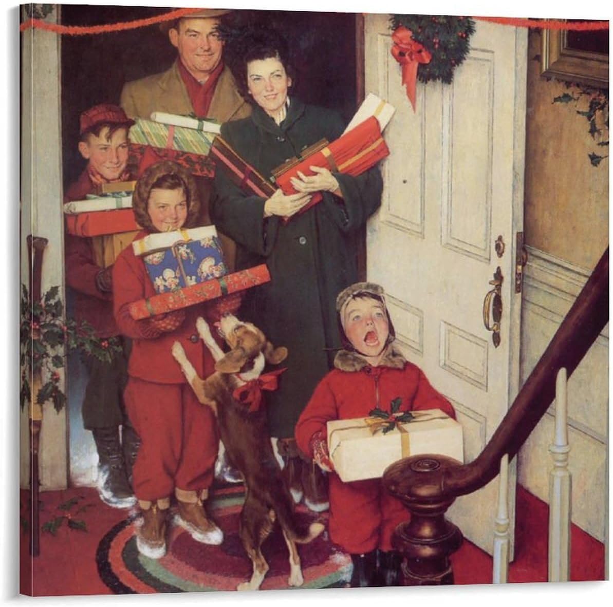 Norman Rockwell Tree in Town Square Prints Christmas Wall Art Poster Posters Art Print Wall Photo Paint Poster Hanging Picture Frame Family Bedroom Decor Gift 12x12inch(30x30cm)