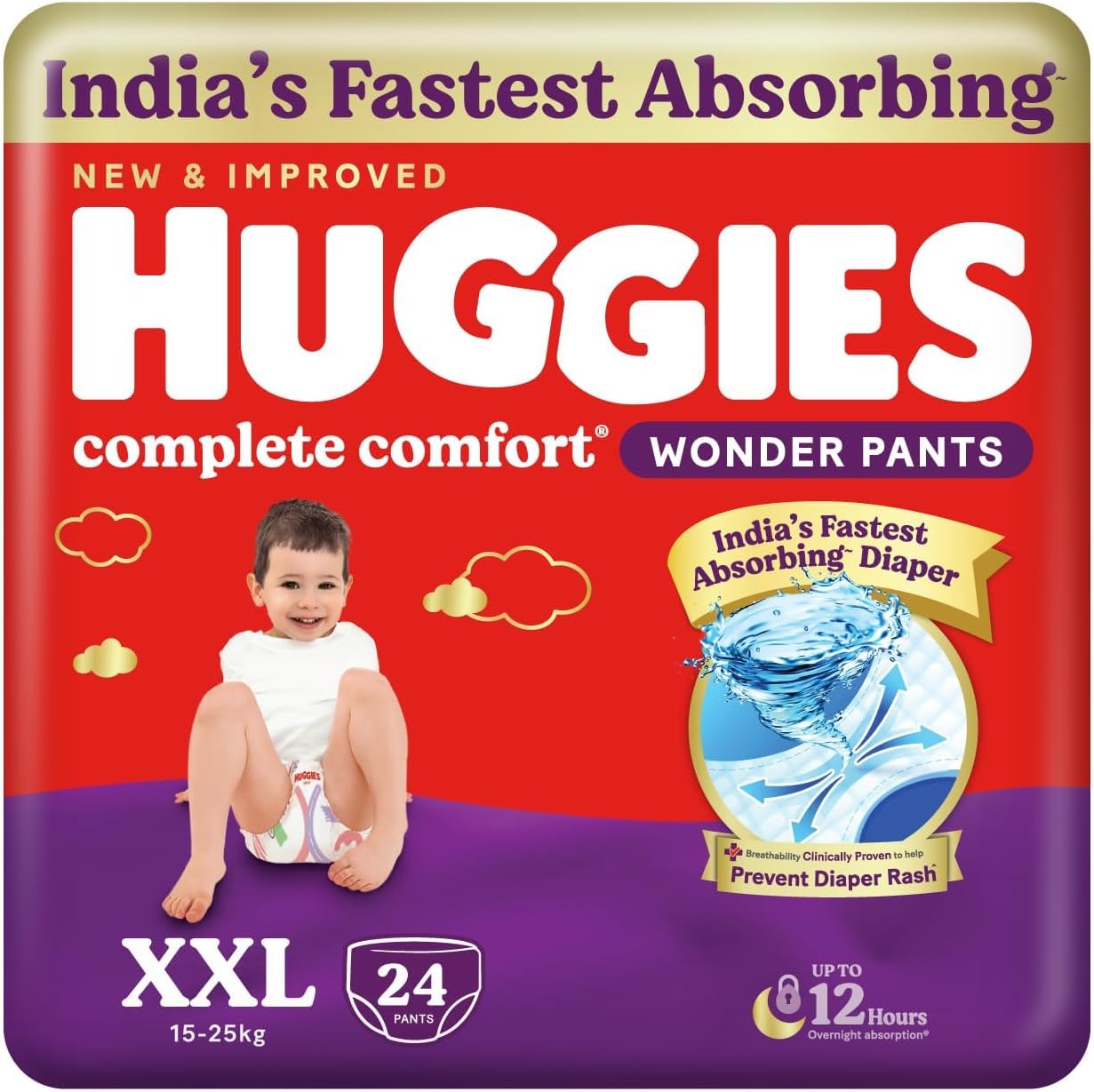Huggies Complete Comfort Wonder Pants | Pant Style Baby Diapers XXL Size, 24 Count | India's Fastest Absorbing Diaper, Patented Dry Xpert Channel, Ideal for 15 to 25 Kgs