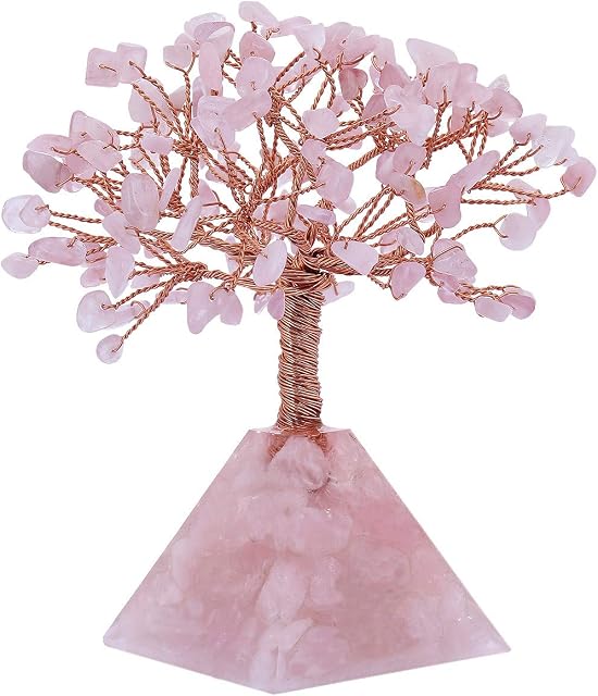 Nupuyai Rose Quartz Reiki Healing Crystal Tree with Gift Box, Fengshui Bonsai Money Tree Figurine Ornament for Good Luck and Wealth