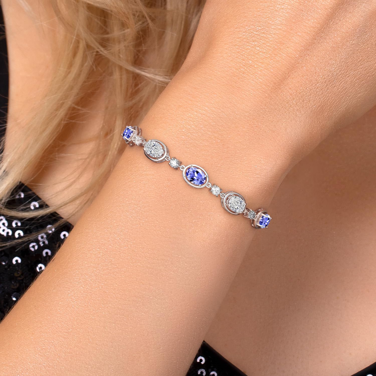Gem Stone King 925 Sterling Silver Blue Tanzanite and White Lab Grown Diamond Bracelet For Women | 3.65 Cttw | Gemstone December Birthstone | Oval 7X5MM | Fully Adjustable 9 Inch - Image 4