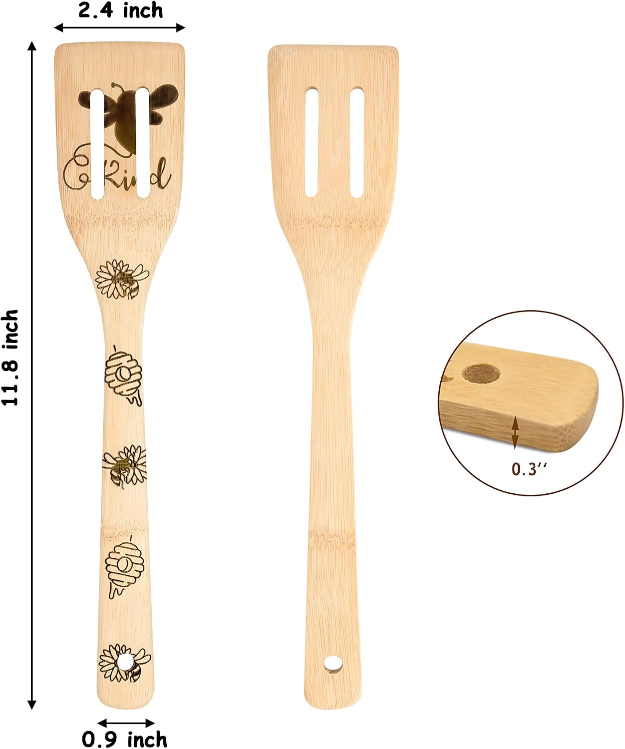 Eartim Bee Wooden Spoons Spatula Set - 5Pcs Bee Themed Cooking Utensil Natural Non-Stick Carve Burned Bamboo Spoon Slotted Spatula Cookware Kitchen Gadgets Housewarming Gift Chef Present Kitchen Decor