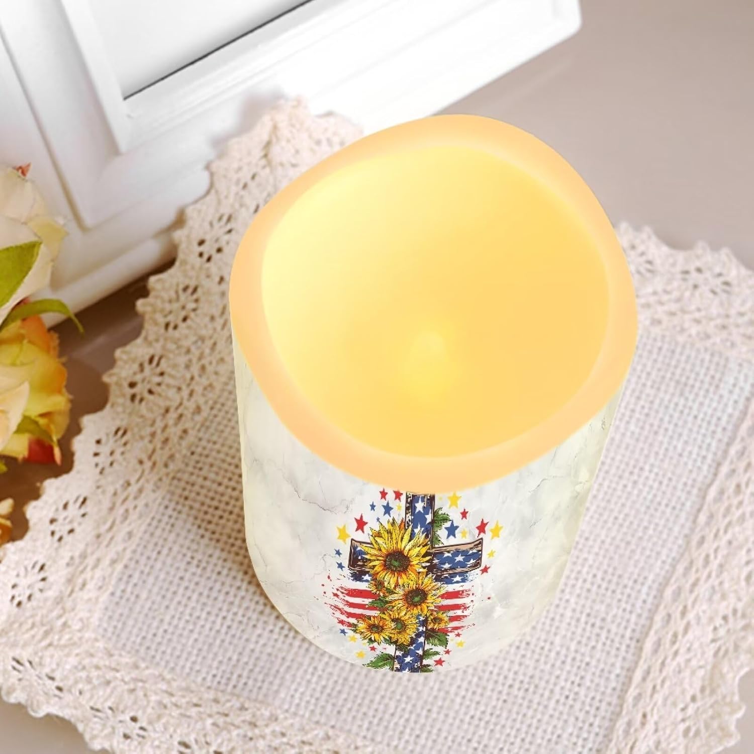 American Flag Cross Flameless Candle with Remote Control Color Changing and Timer Flickering Pillar Candle Moving LED Battery Prayer Light Suitable for Church Decoration Set of 4