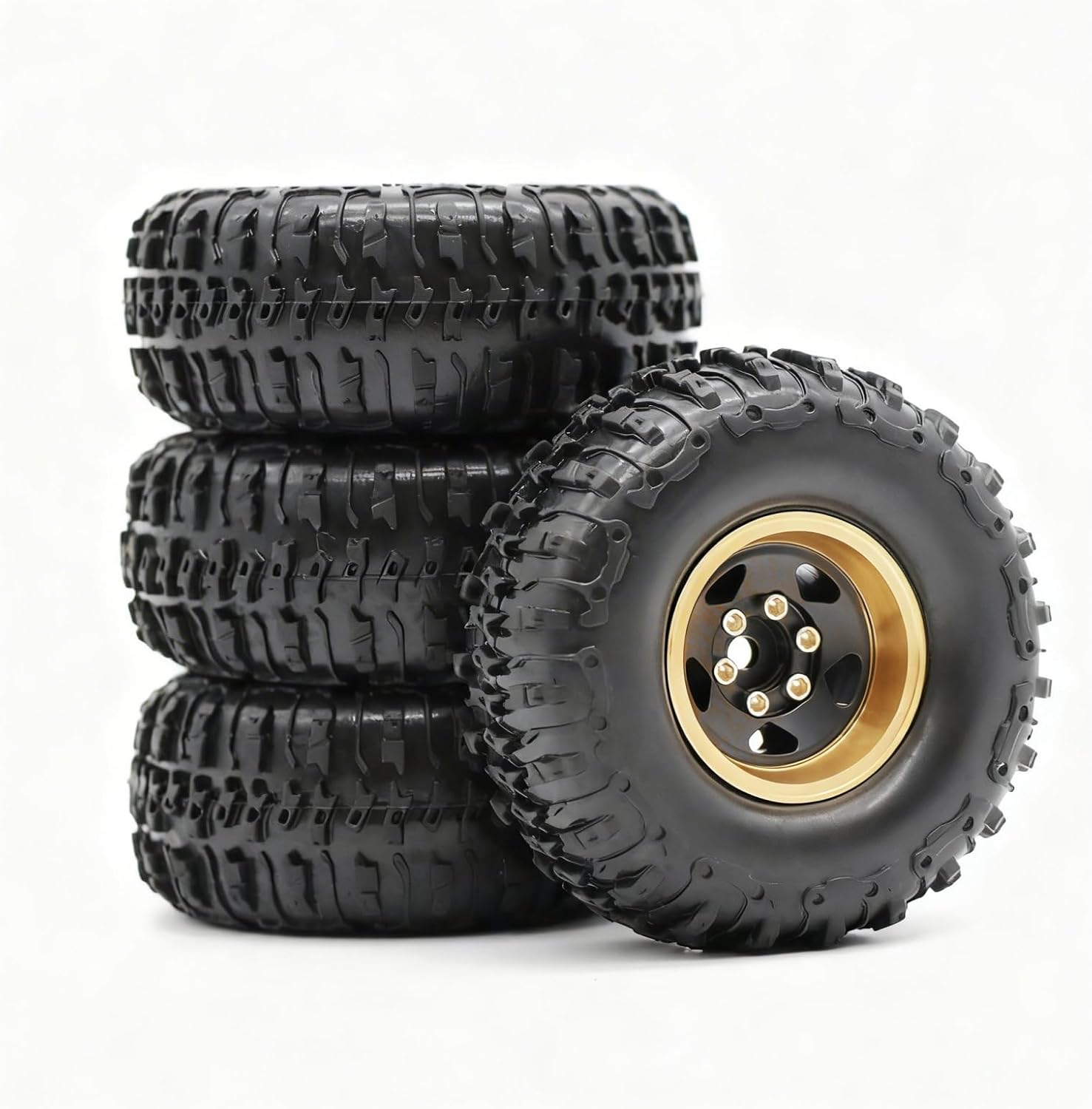 1.0 Brass Wheel & All-Terrain Tire Set for 1/18 1/24 RC Crawler TRX4M SCX24 AX24 Ascent-18 FCX24, -6.35 mm Offset, Foam Inserts, Loose Trail Grip, 4 pcs