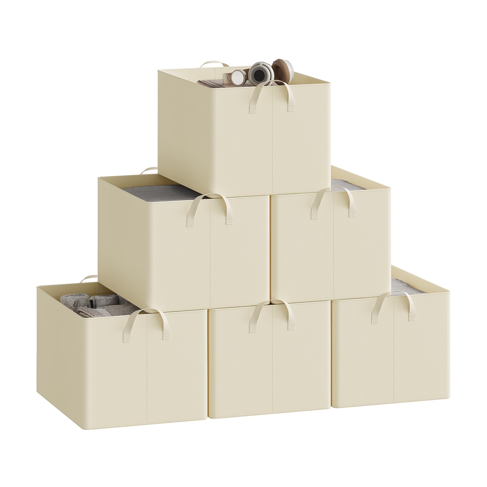 Woltu Cream Set Of 6 Foldable Storage Boxes, Fabric Storage Baskets With Handles, Wardrobe Storage Organisers, Clothes Storage Boxes For Shelves, 47X35x29cm
