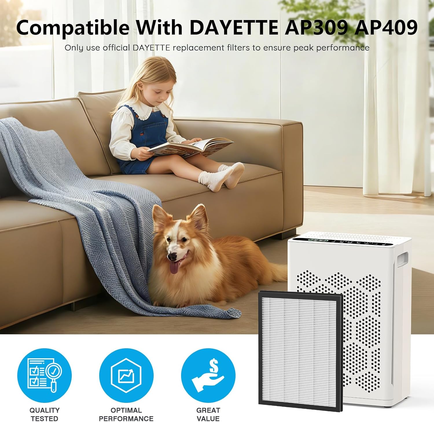 DAYETTE H14 Replacement Filter Compatible AP309/409 Air Purifiers, 4-in-1 H14 Grade True HEPA High-Efficiency Activated Carbon, Original Filter, 2 Pack - Image 2