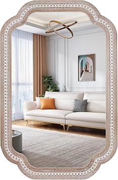 36x24 Inch Scalloped Bathroom Mirror, Wooden Rustic Farmhouse Wall Mirrors | Install Vertical or Horizontal, Subtle Grain-Look Edging Suits Rustic, Cottage, Coastal, Vintage, and Modern Interiors