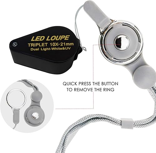 Miniatura 7 de 10 lupas para joyería, lupa LED UV de 0.827 in, lente de triplete, cristal óptico, herramienta de aumento de gemas de bolsillo, joyero, sello