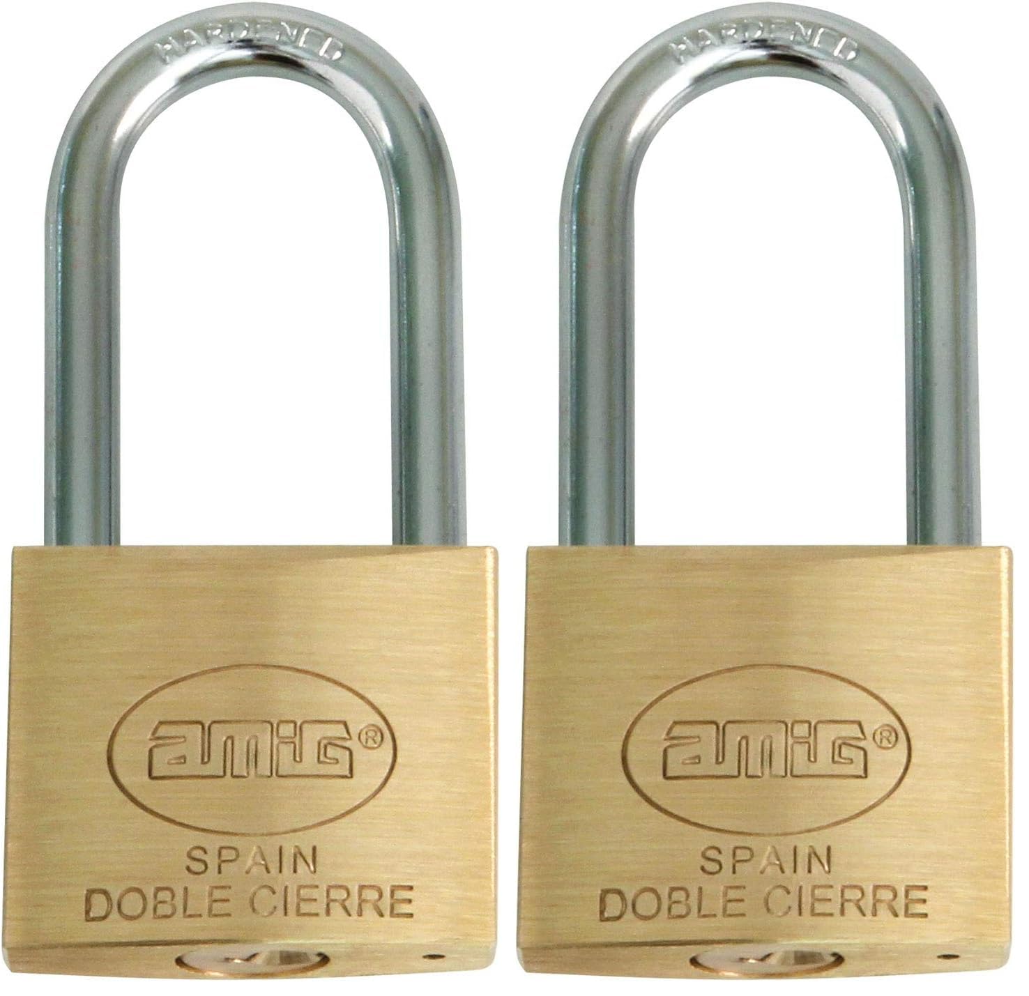 Amig - Lucchetto a chiave ad arco lungo | Ottone e arco in acciaio | Larghezza: 30 mm | Lucchetto di sicurezza con due chiavi | Per esterni e interni
