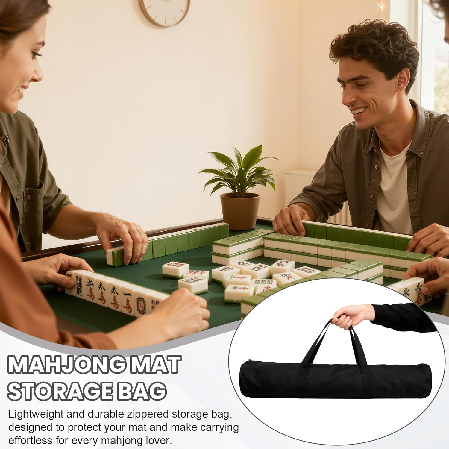 34-Inch Mahjong Mat Bag, Heavy-Duty Black Canvas Carrying Bag with Center Dual Handles & Smooth Zipper, Fits Mahjong Mat, Racks & Tiles, All-in-One Travel Storage Bag
