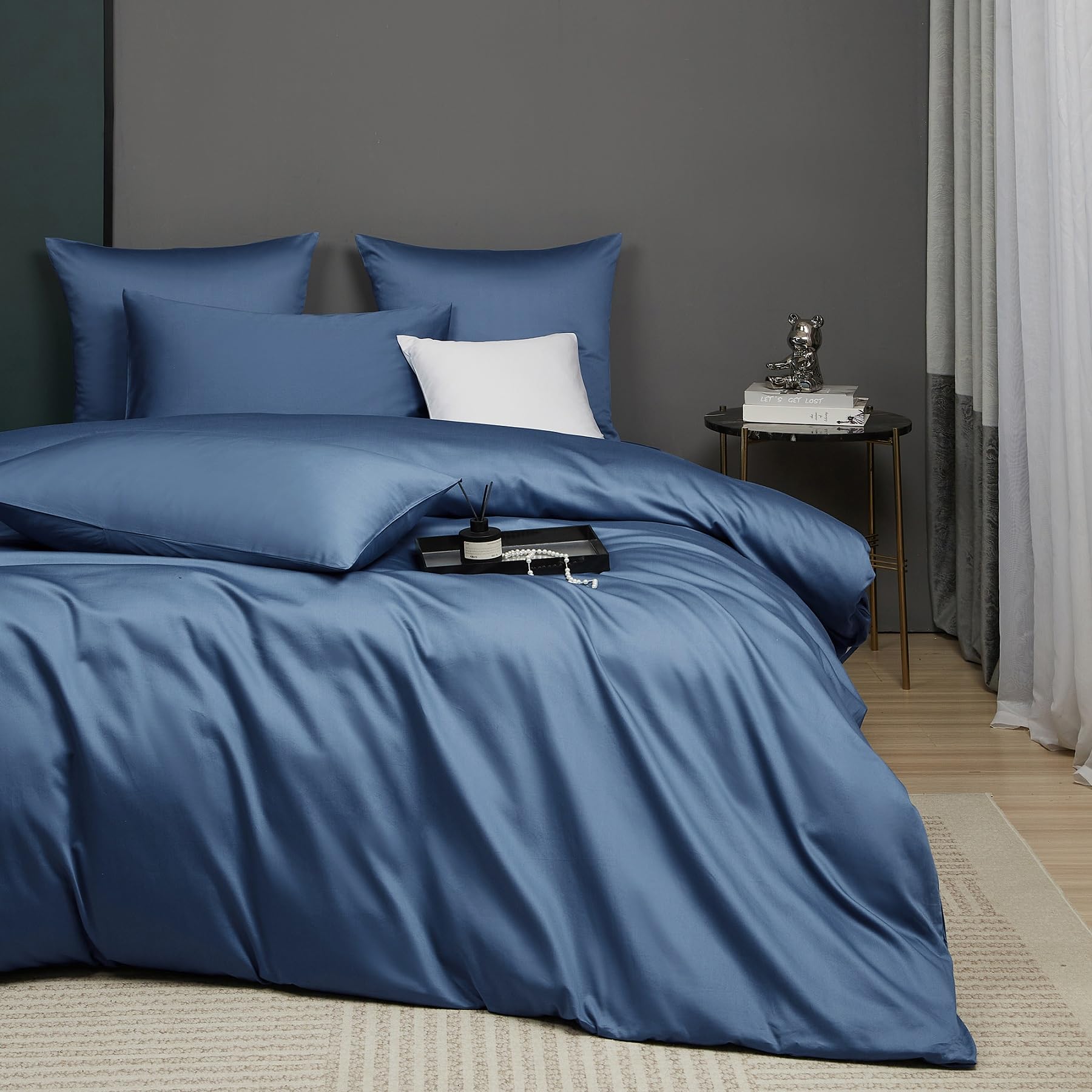 Luofanfei Ropa de cama de satén Mako, 155 x 220 cm, de algodón, diseño liso, transpirable, suave, no necesita planchado, funda nórdica y 2 fundas de almohada de 80 x 80 cm