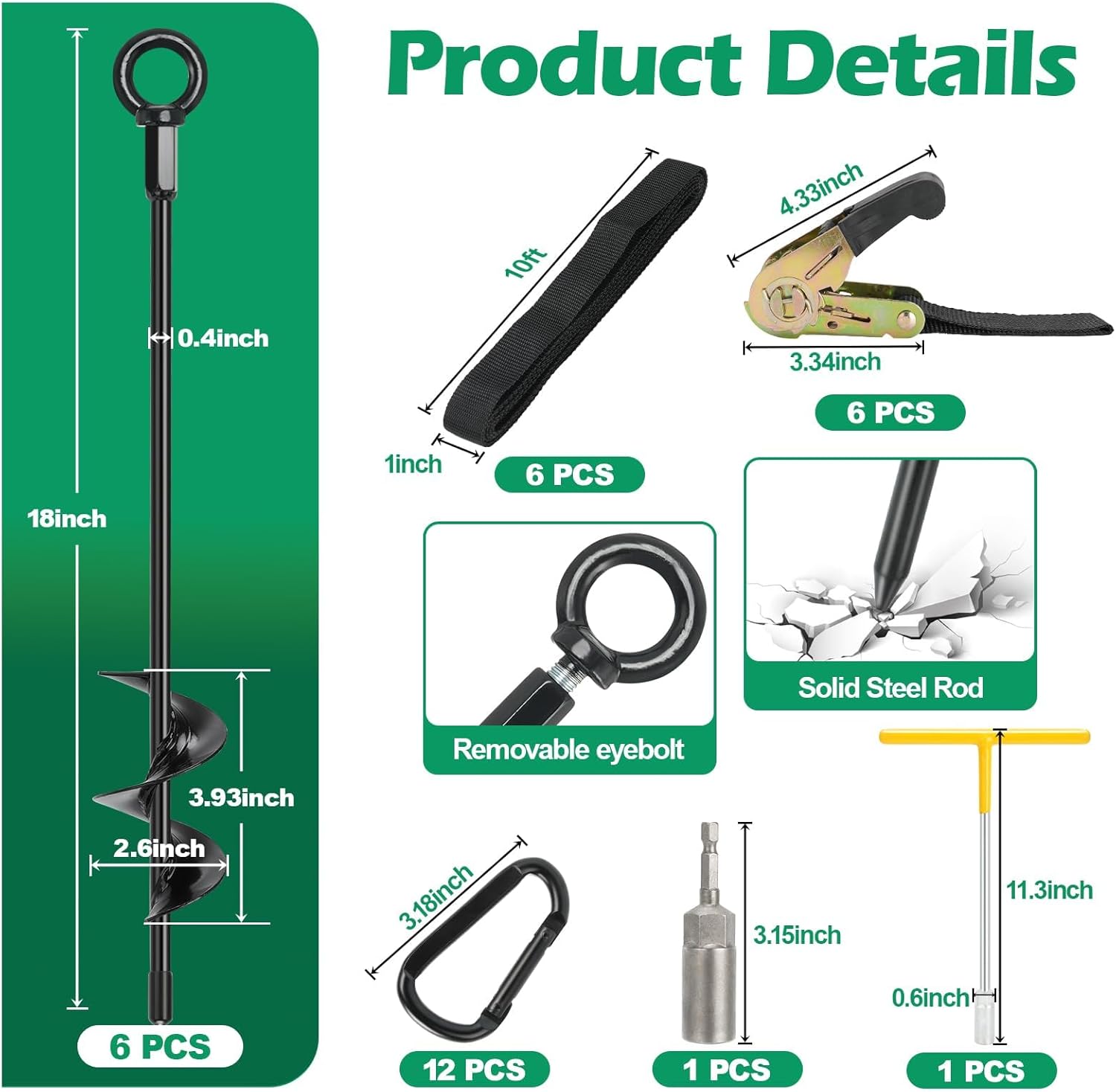 Ground Anchors, 6 Pack 18" RV Awning Tie Down Kit, Screw in Tent Stakes, Trampoline Anchors High Wind Heavy Duty with 6 Ratchet Straps for Campers Carport Sheds Swing Set Dog Tie Outs Stakes