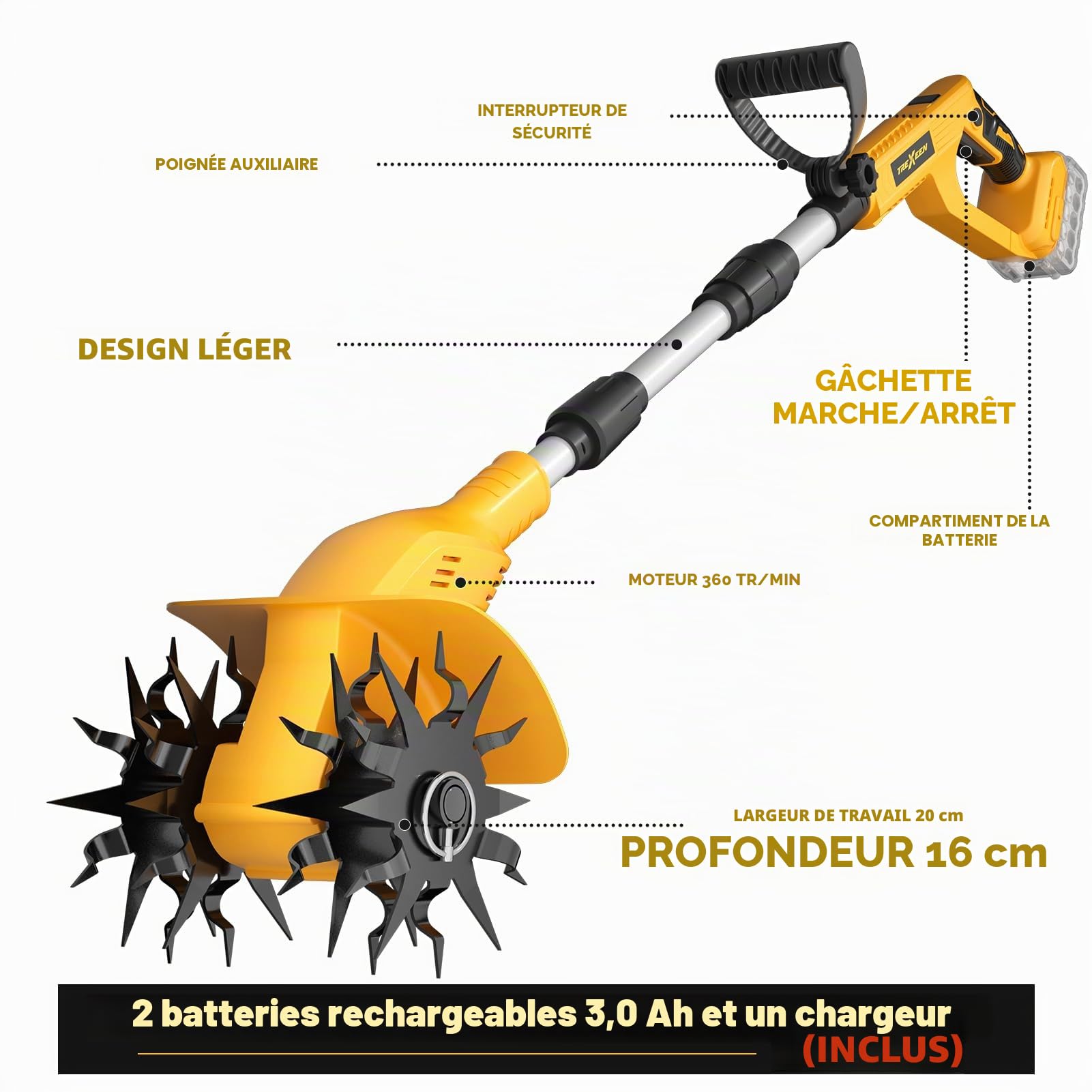 Motobineuse Électrique sans Fil, TREXEEN Bineuse Électrique sans Fil Puissant avec 2 x 3,0 Ah Batteries, 360 TR/Min, Largeur de Travail 20 cm, Profondeur 16 cm, pour Pelouse Jardin Travaux du Sol