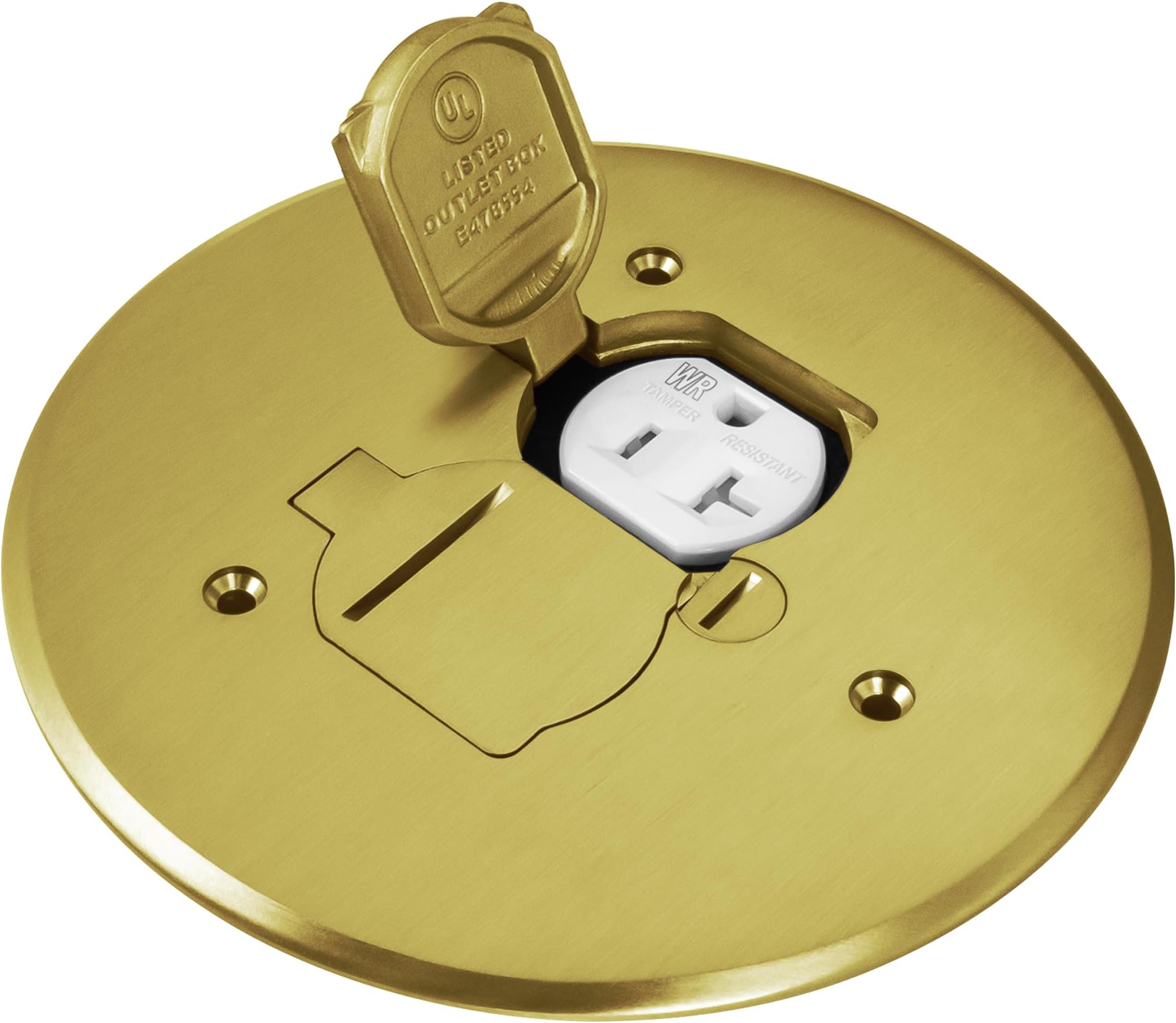 ENERLITES Dual Flip Lid Floor Box Cover, 5.625" Diameter, 1 Gang, 20A Tamper-Weather Resistant Type A 2-Pin Outlet, Watertight Gaskets, UL Listed, Brass, 975517-C