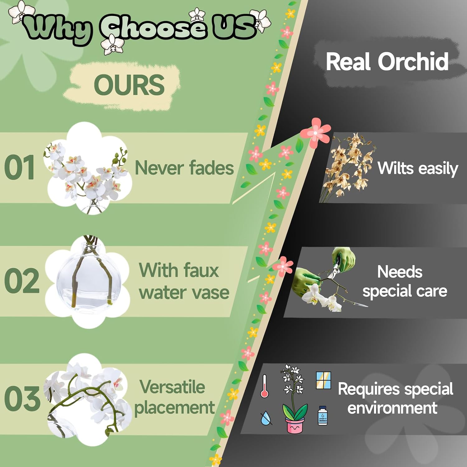 ucky 2 Pcs White Fake Orchid Faux Flowers in Vase with Clear Glass Vase Artificial Flowers with Fake Water Dining Table Centerpiece Decor Room Decor (A-Orchid White 2pcs)