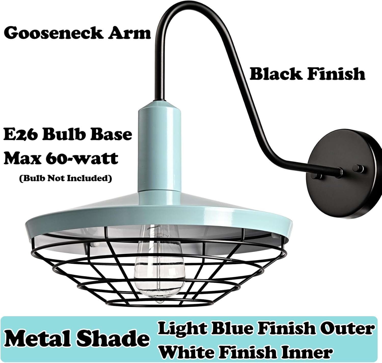 HOLKIRT Nordic Wall Sconce Lighter Green Modern 1-Light Gooseneck Sconce Lighting Dimmable Wall Mount Light Fixtures with Wire Caged Barn Shade for Kitchen Home Office Entryway