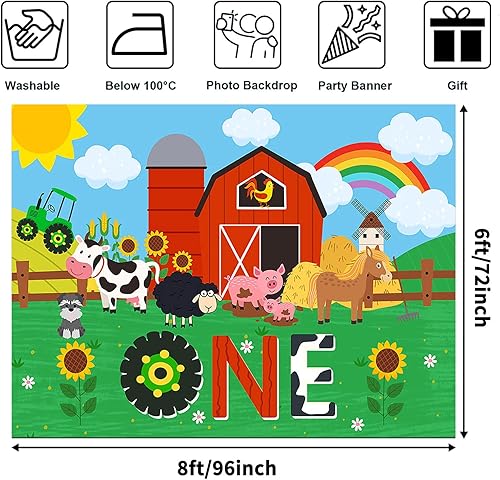 Miniatura 9 de Avezano Telón de fondo de granja para fiesta de cumpleaños, decoración de fiesta de primer cumpleaños, temática de animales de granja, suministros