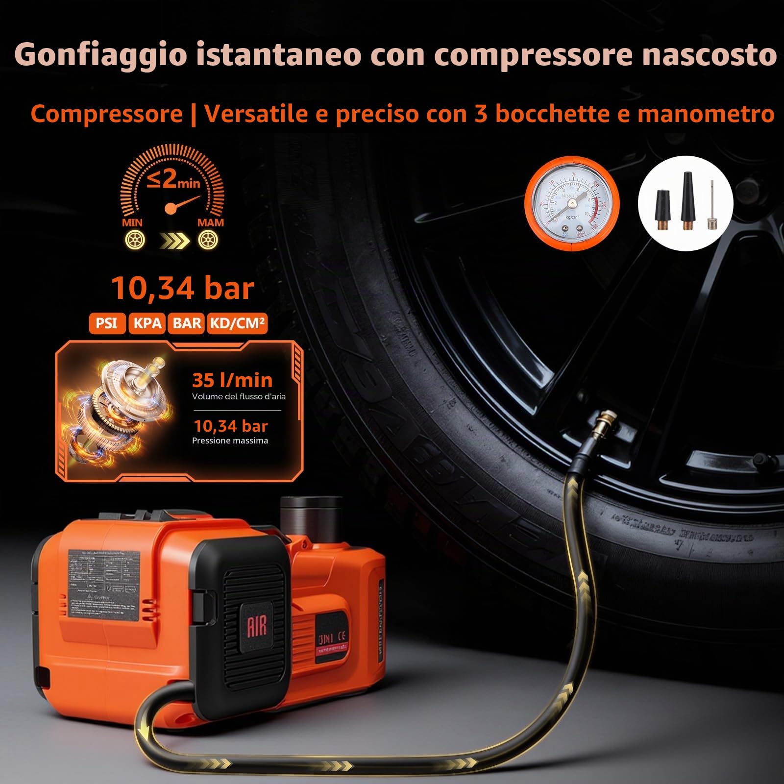 Cric idraulico elettrico 5T 12V 180W con pompa gonfiabile e luce LED 150-540 mm per auto SUV