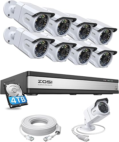 ZOSI Sistema de cámara de seguridad para el hogar PoE de 16 canales 4K PoE con audio, 16 canales 8 MP H.265+ NVR con 4 TB HDD, 9 cámaras IP PoE para
