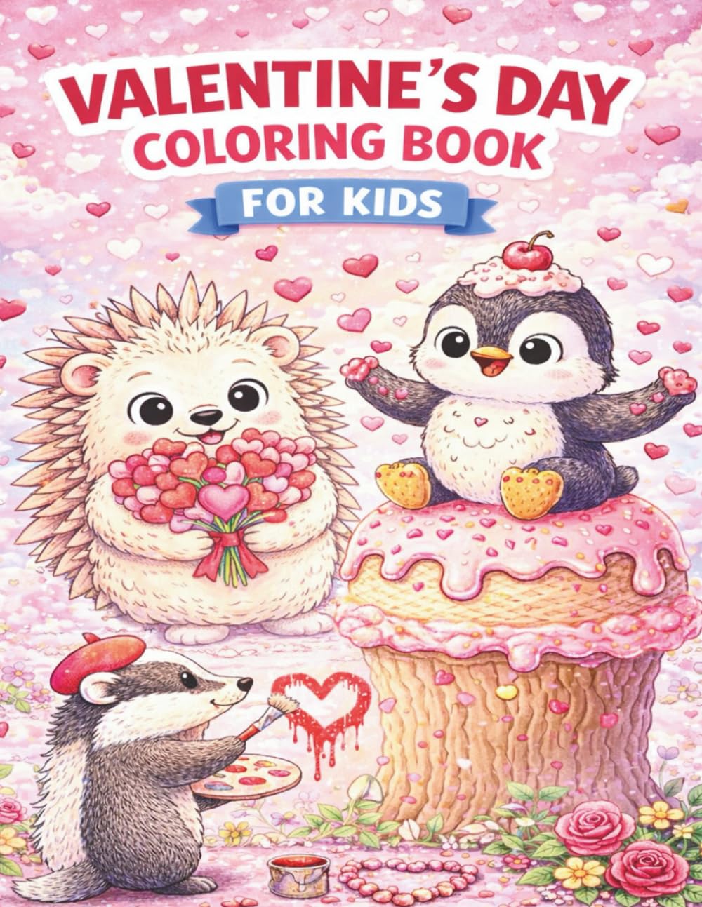 Valentine’s Day Coloring Book for Kids Cute Animals, Hearts & Sweet Fantasy Scenes: Big, Adorable Valentine Coloring Pages for Kids Ages 4–8 ... with Gray Backing to Prevent Bleed-Through