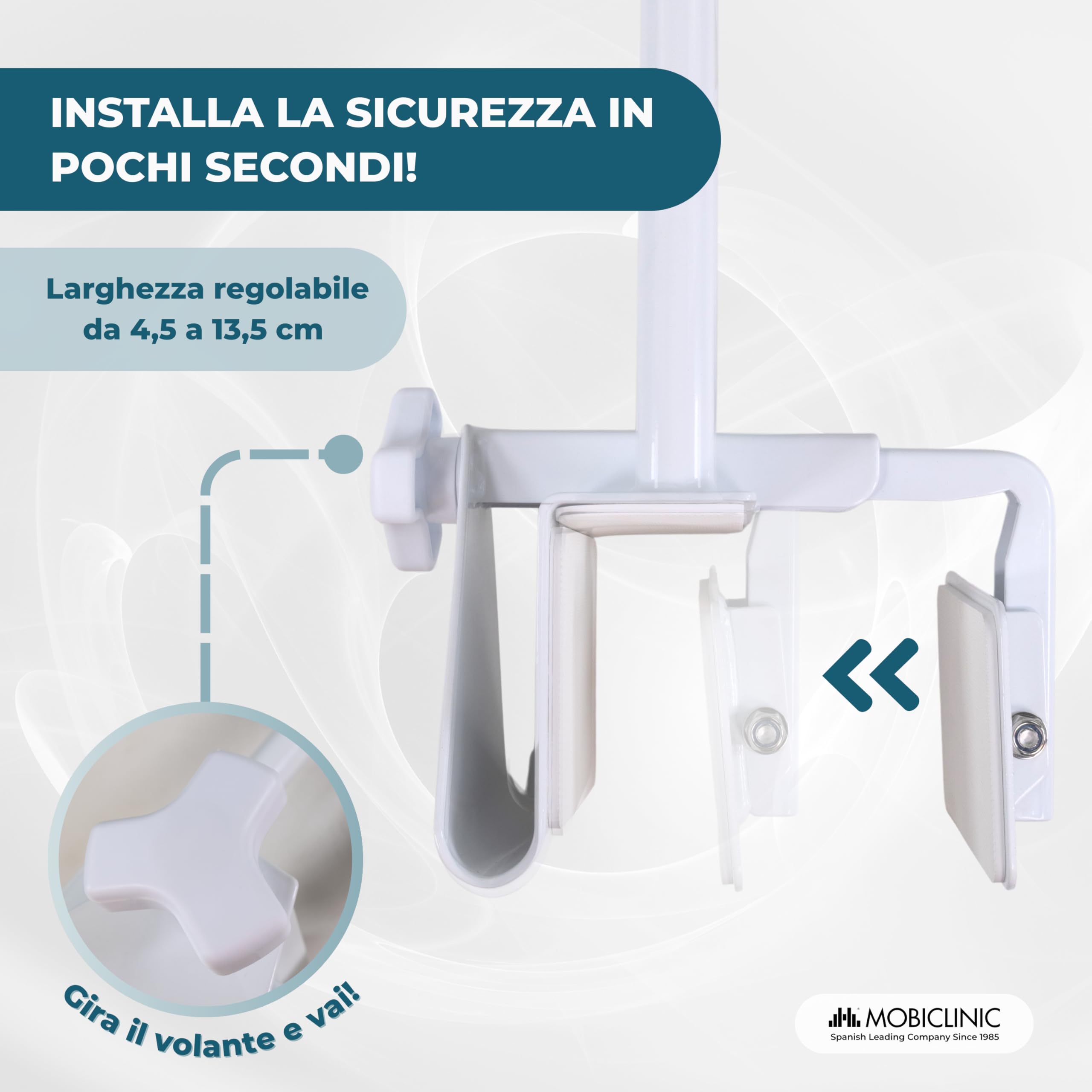Mobiclinic®, Maniglia Accesso Vasca, Vasche da Bagno con Bordi Lisci (4,5-13,5 cm), Altezza Regolabile, Impugnatura Ergonomica, Max. 100 kg, Uso Clinico e Domestico, Sicuro e Funzionale, Mobibary