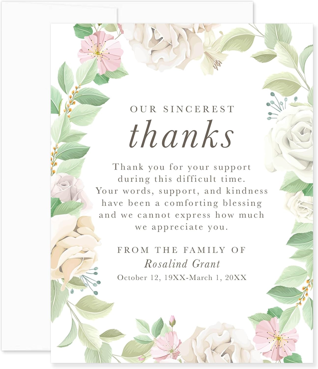 Personalized Funeral Thank You Cards, Sympathy Acknowledgements, Floral and Greenery Note Cards with Envelopes, 4.25x5.5 Flat Notecards