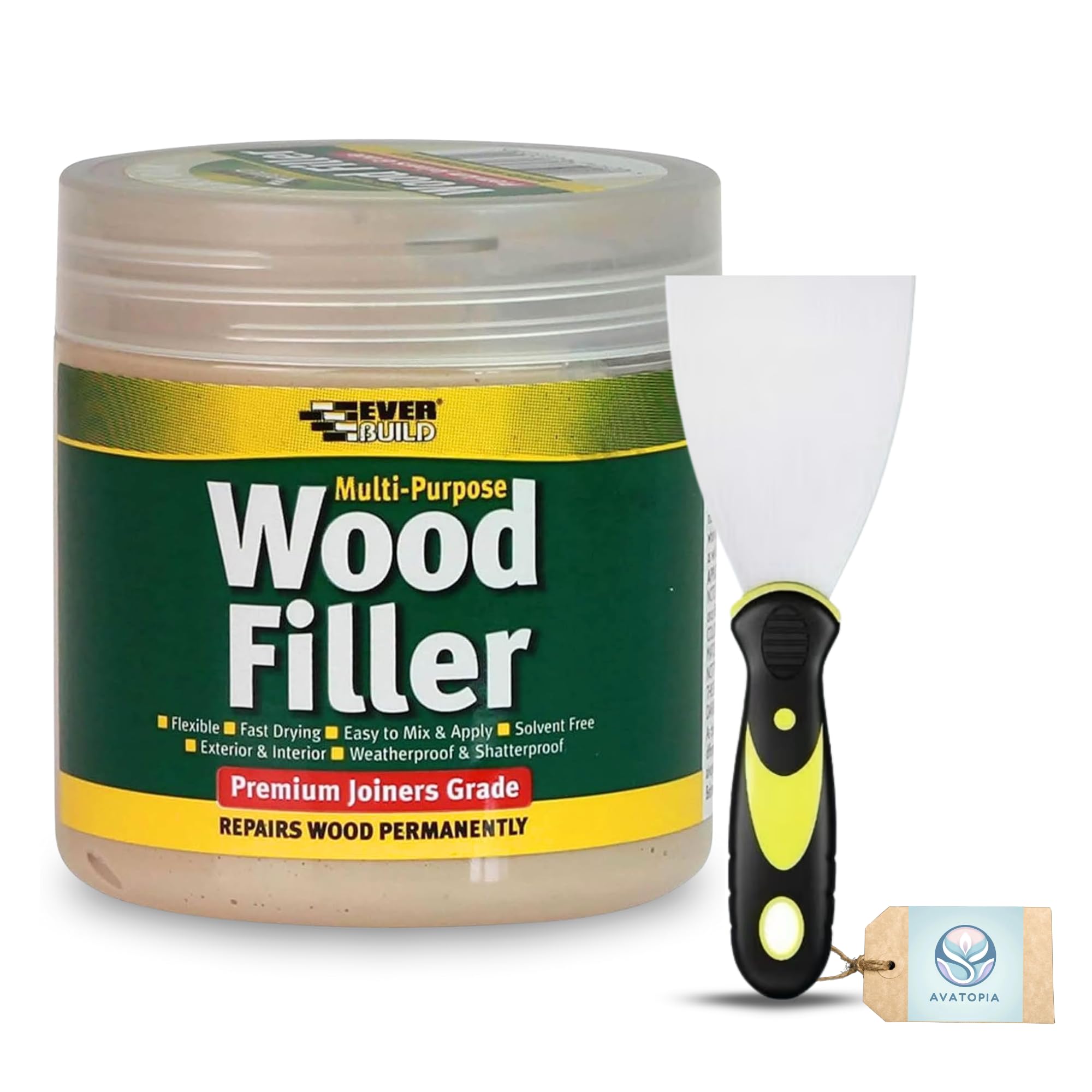 Ever build Wood Filler Dark Oak 250ml with 3" Flexible Tool – Multi-Purpose Exterior Wood Filler & Indoor Repair Kit – Sandable Brown Oak Filler, Cracks & Stain Indoor & Outdoor Use